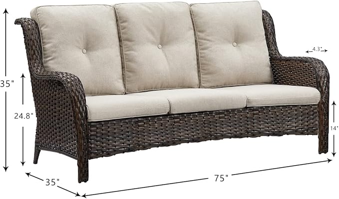 Rilyson Outdoor Couch Wicker Patio Sofa - 3 Seat Rattan Sofa with Deep Seating and Comfortable Cushions for Outside Porch Deck Balcony Garden(Brown/Beige)