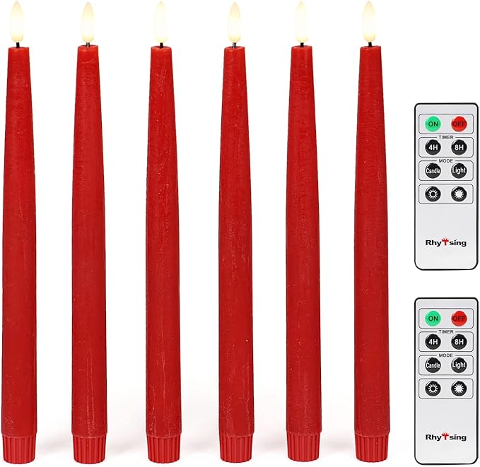 Rhytsing 29cm Flameless Taper Candles with Timer, Battery Operated Dinner Table Long Candlestick Rustic Wax, Warm White LED, 2 Remotes Included - Set of 6 (Red)