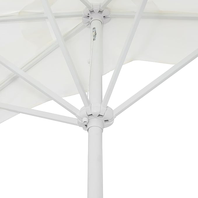 JONATHAN Y Beverly 9 ft. Coastal Cream and White Striped Half Patio Umbrella with Scalloped Fringe, Crank Lift, and Manual Tilt for Balcony, White Pole UMB1201K
