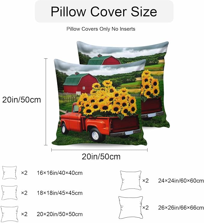 Waterproof Pillow Covers Set of 2 24x24 Inch Farmhouse Sunflower Outdoor Cushion Covers Farm Red Truck Decorative Pillow Cases for Patio, Sofa, Couch, Garden, Balcony