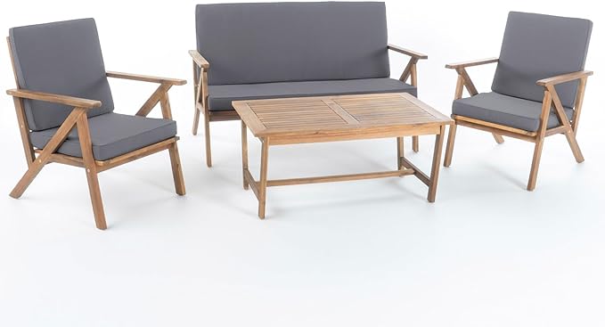 Merax 4 Piece Acacia Wood Patio Conversation Table and Chairs Furniture Sets, Outdoor Dining Couch Sofa for Porch Deck Backyard Lawn Balcony Bistro, Brown Grey