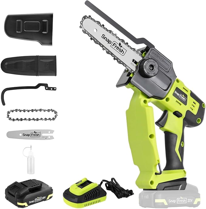 SnapFresh Mini Chainsaw Cordless 5” & 6”, 20V Electric Handheld Chainsaws with 2.0Ah Battery & Fast Charger, Lightweight Battery Powered Saw with 2 Chains for Wood Cutting & Branch Trimming