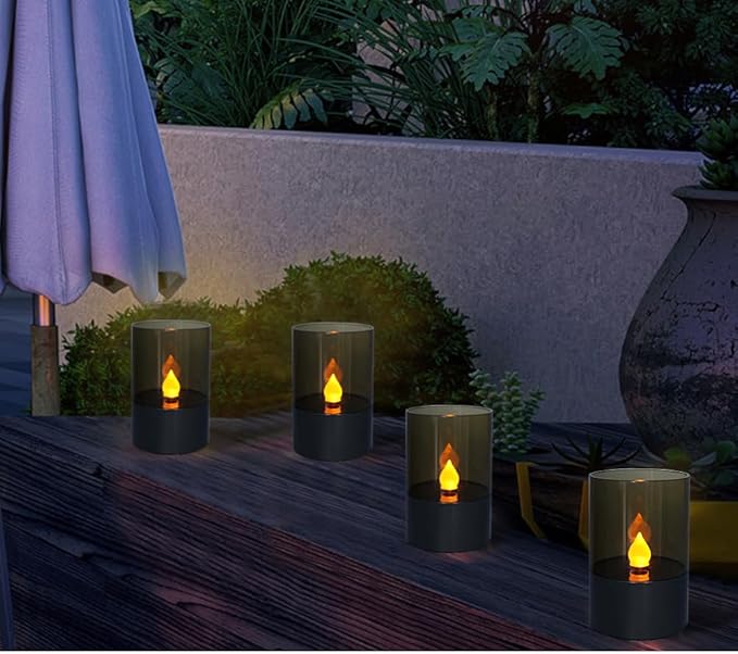 Bright Zeal Gray Solar Flickering Candle – 4.5" 4-Pack, Waterproof LED Flameless Outdoor Pillar Lights for Pathway, Garden & Patio, Spring & Summer Decor