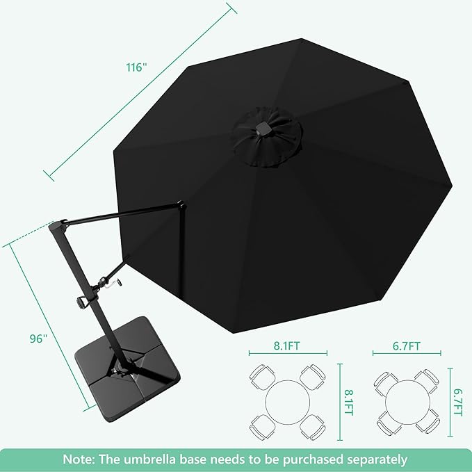 Greesum 10FT Outdoor Patio Umbrella with High Pedel and 4 Gear Heights, Large Offset Umbrella with Solar LED Lights and 360-degree Rotation, Without Base, Hanging Outdoor Shade for Garden, Black