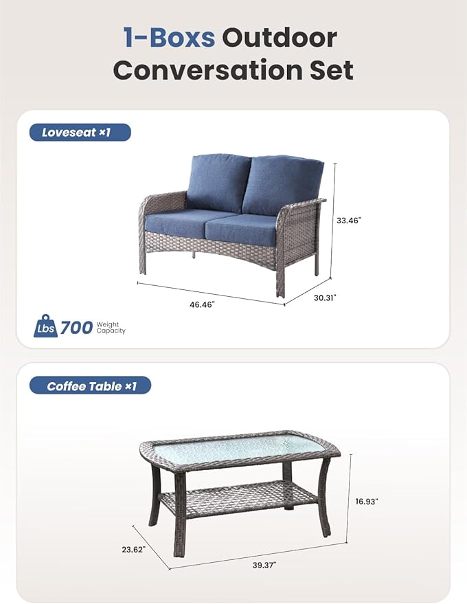 2-Piece Outdoor Patio Furniture Set with Coffee Table, Outdoor Conversation Wicker Sofa with Thickened Cushions, Rattan Couch for Deck Yard Poolside, Blue