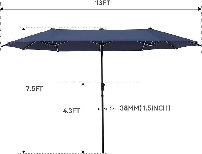 GREEN PARTY 13ft Rectangle Patio Umbrella, Double Sided Outdoor Table Umbrella with Crank & 1.5" Pole, Large Market Umbrella for Poolside Garden Deck Backyard, Navy Blue
