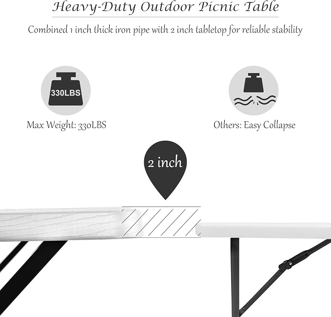 Giantex Picnic Table Bench Set Outdoor Camping All Weather Metal Base Wood-Like Texture Backyard Poolside Dining Party Garden Patio Lawn Deck Large Camping Picnic Tables for Adult (White)