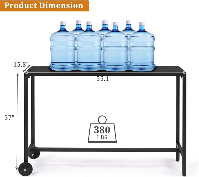 55" Outdoor Patio Bar Table,Rectangle Narrow Outdoor Counter Height Bar Table,Metal Patio Pub Bistro Cocktail Table,with Wheels,for Patio Garden Deck Yard Poolside Balcony (Black)