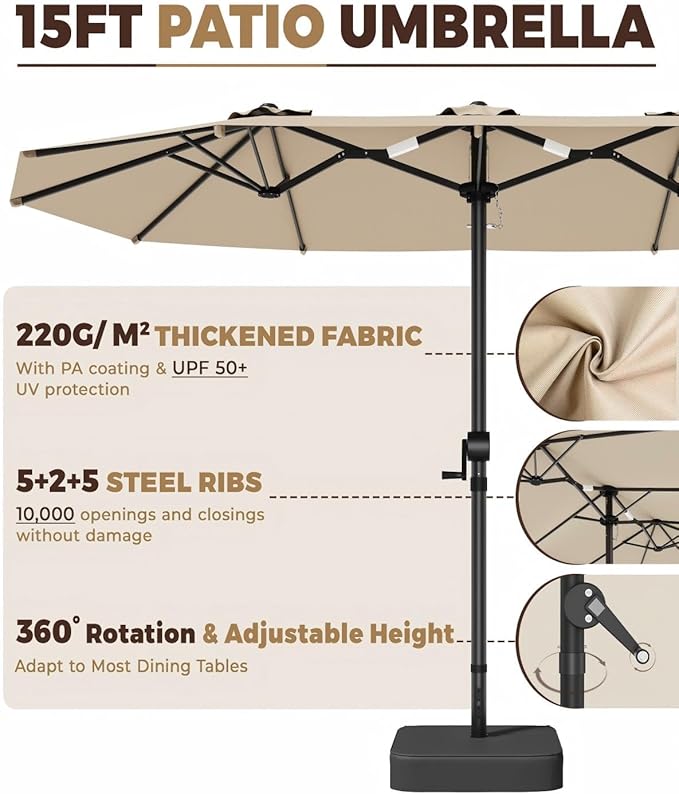 GDPFN 15FT Large Patio Umbrella with Base Included, Outdoor Deck Standing Umbrella with Crank Handle, Double-Side Rectangular Pool Umbrella for Outside, Market, Patio, Beige