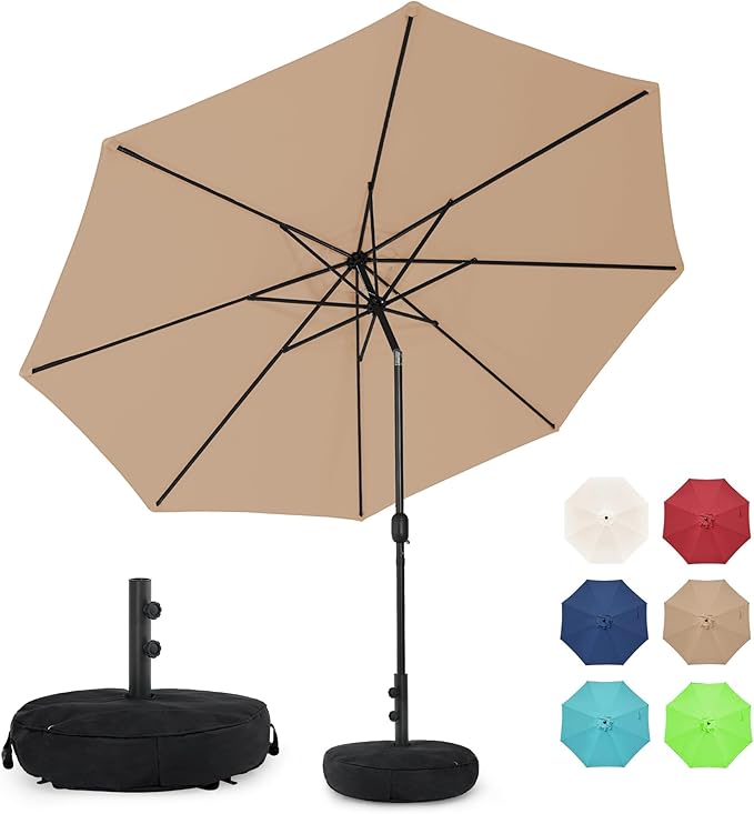 Sundale Outdoor 9FT Patio Umbrella with Sand Bag Umbrella Base, Outdoor Umbrella with Tilt and Crank, Tan