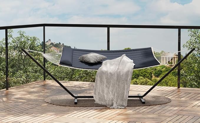 2 Person Hammock with Heavy Duty 500Lb Capacity Stand - Portable Cotton Rope Hammock & Quilted Comfort Pad - Relax Together Indoor or Outdoor (Gray)