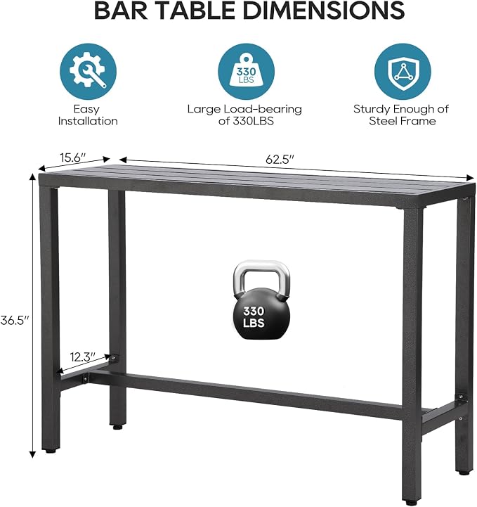 Outdoor Bar Table, Patio Console Pub Height Tables with Powder Coated Steel Frame, Weather Resistant Waterproof Top for Hot Tub, Balcony, Garden, Yard, Poolside (63" Bar Table, Grey)
