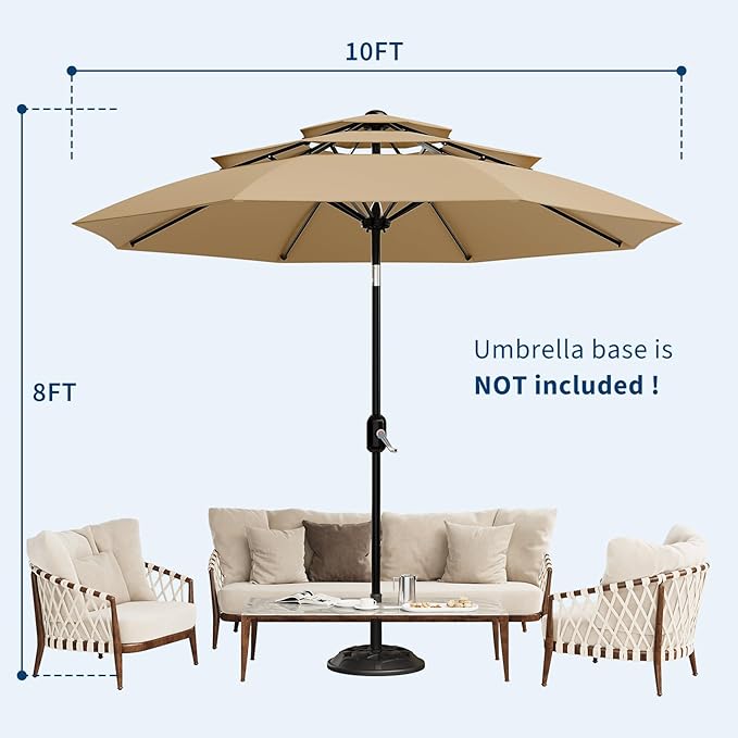 Garvee 10Ft 3-Tier Patio Umbrella, Outdoor Table Umbrella with Vents, Easy Crank and Push Button Tilt, Market Umbrella with 8 Sturdy Ribs for Pool, Deck, Yard, Garden -Tan