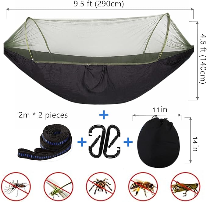 LFL Portable Camping Hammock with Mosquito Net, 1 or 2 Person Outdoor Swing Hammock, Nylon Parachute Material, Quick Opening Outside Hammock with Net, Hiking Travel Courtyard (Black)