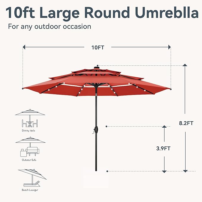 GREEN PARTY 10ft Patio Umbrella with Solar Lights, Auto-Tilt Lighted Market Table Umbrellas with Crank, 8 Sturdy Ribs & 1.5" Pole outdoor umbrellas for Patio Garden Deck Backyard Pool, Orange Red