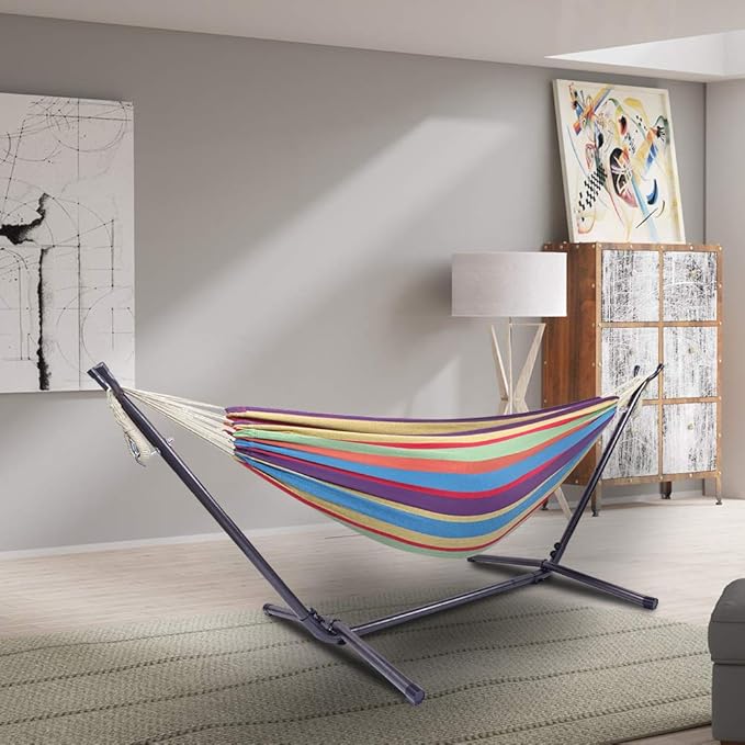 Portable Outdoor Polyester Hammock Set,Single Person Brazilian Hammock,Garden Cotton Hammocks,Indoor Swing Hammock Chair,with Stand & Carry Bag,for Outside Patio Porch Poolside Backyard (Rainbow)