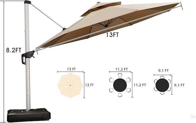 PURPLE LEAF 13 FT Cantilever Patio Umbrellas with Base Included, Large Round Offset Umbrella with 360° Rotation, Outdoor Aluminum Pool Umbrella for Pool Lawn Garden, Beige