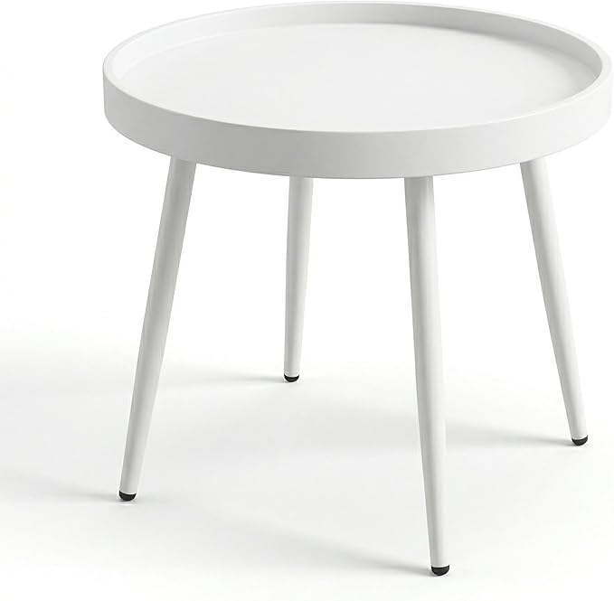 Small Round Side Table - Outdoor Indoor Metal Side Table with Anti-Fall Fence - Small Coffee Drink End Tables for Patio, Living Room Bedroom Porch -White