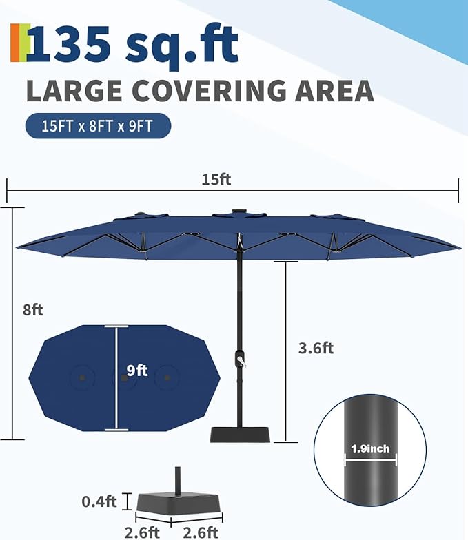 GarveeLife 15 ft Large Patio Umbrella with Lights, 36 LED Lights Double-sided Patio Umbrella with Weighted Base for Poolside Garden Backyard