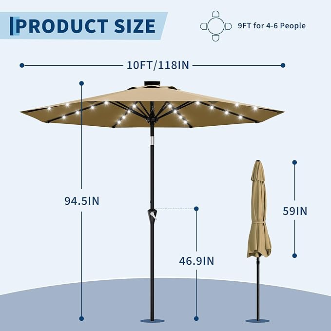 Garvee 9/10 FT Solar Patio Umbrella with 32 LED Lights - Outdoor Table Umbrella with Crank Lift, Push Button Tilt and 8 Sturdy Ribs - Market Umbrella UV Protection for Pool, Deck, Yard, Garden