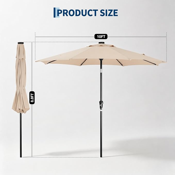 Garvee 10FT Patio Umbrella with 32 Solar LED Lights, Outdoor Table Market Umbrella with Tilt and Crank, 8 Sturdy Iron Ribs Sun Shade for Garden, Deck, Backyard and Pool, Beige