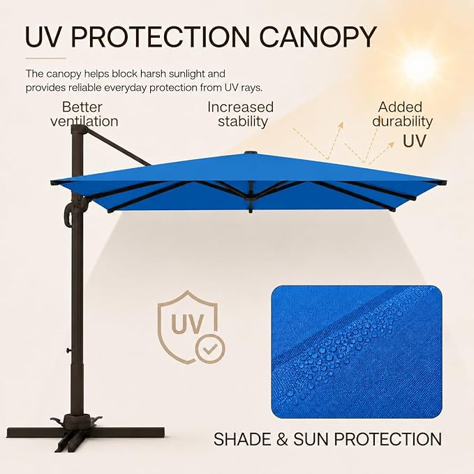 Kingdura 10' X 10' Cantilever Patio Umbrella with Base Included, Large Square Aluminum Outdoor Offset Umbrella with 360-degree Rotation, 4 Position Tilt, UV Protection for Pool Deck Garden Patio (Royal blue)