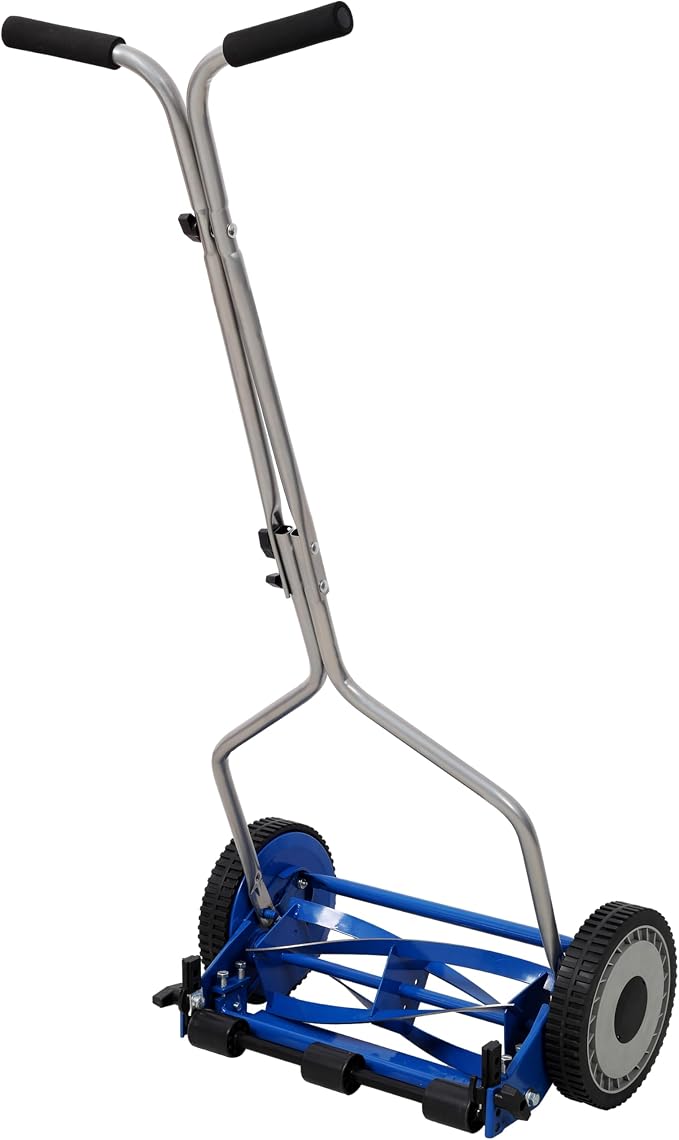 14in Push Reel Lawn Mower 5-Blade Manual Grass Cutter for Small Lawns,Lightweight & Eco-Friendly Adjustable Cutting Height 0.5"-2.25",Noise-Free & Low Maintenance,Blue Color