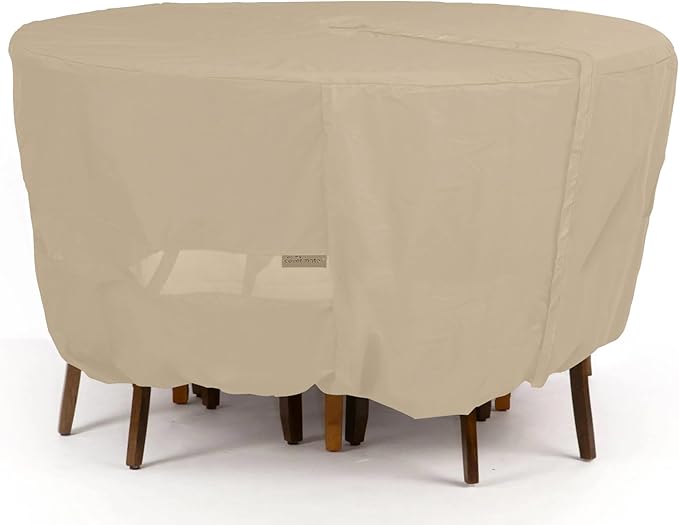 Covermates Classic Round Patio Dining Table and Chair Set Cover – All-Weather Outdoor Protection, Water-Resistant Vinyl, Elastic Hem, Mesh Vents, with Umbrella Hole 86 Diameter x 40H, Classic Tan