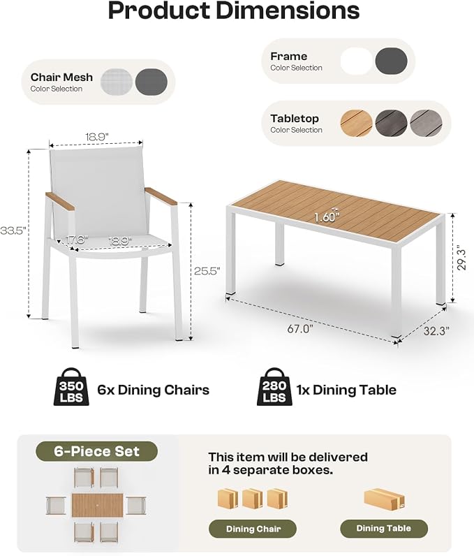 Outdoor Dining Set for 8, Aluminum Patio Table and Chairs Set, 10-Piece All Weather Patio Dining Furniture Set with Umbrella Hole for Backyard, Deck, Poolside (White-Teak)
