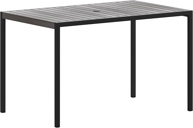 Taylor & Logan Lark Outdoor Dining Table with Synthetic Gray Wash Teak Poly Slats - 30" x 48" Steel Framed Restaurant Table with Umbrella Holder Hole