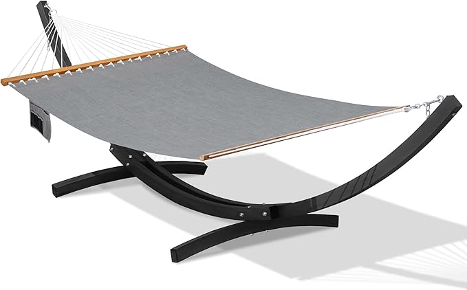 Lazy Daze Hammocks 12 FT 2 Person Double Quick Dry Olefin Blend Hammock with Curved Steel Heavy Duty Stand for Outside, Backyard, Patio, 450 Lbs Capacity, Grey
