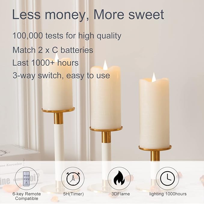 TECHLONG Flameless Candles with Remote Timer, 3D Moving Flickering Flame Battery Operated Candles Lasting 1000+ Hours, 3" x 5" Ivory Real Wax Electric LED Pillar Candles, Set of 2