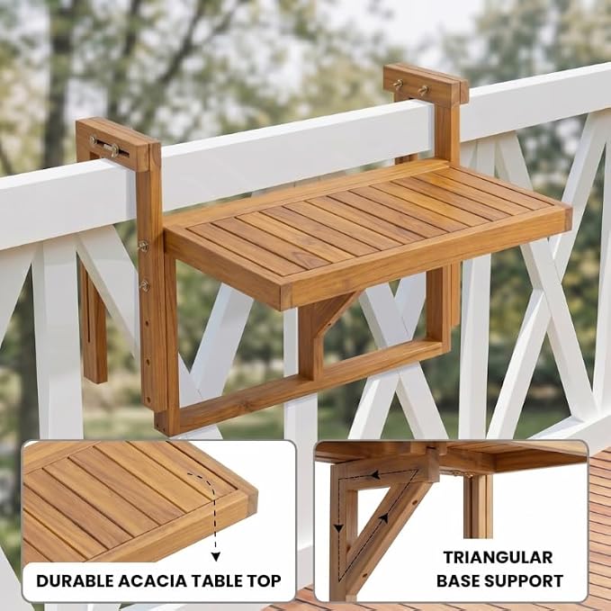 Acacia Wood Balcony Hanging Table – Stable Fixed Outdoor Railing Table – Weather-Resistant White Finish – Adjustable Mounting for Small Balcony, Patio, and Porch (Natural Wood - 1pc)