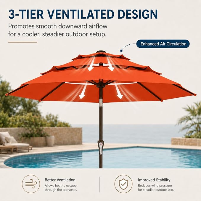 10ft Patio Umbrella, 3-Tier Vented Outdoor Table Umbrella with 8 Sturdy Fiberglass Ribs, Windproof Market Umbrella with Push Button Tilt and Crank, UV Protection for Deck, Pool, Terracotta