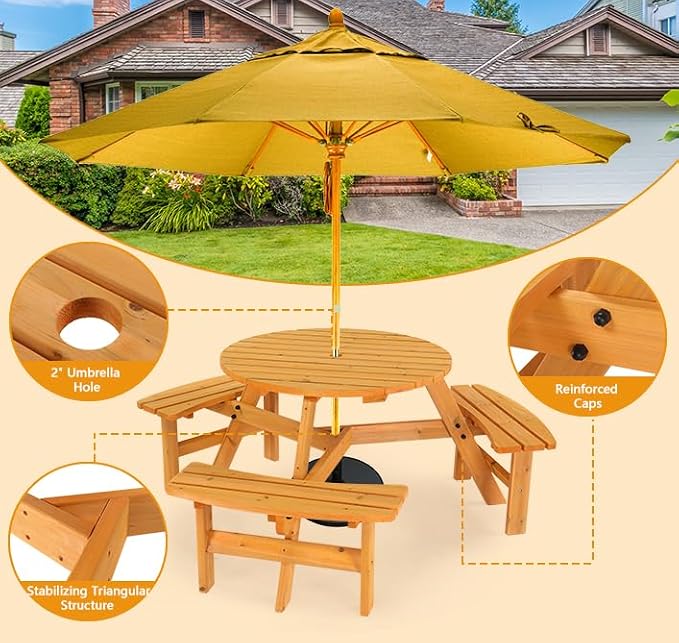 VINGLI 6 Person Wooden Picnic Table, Cedar Wood Patio Table with 3 Built-in Benches, 300LBS Capacity Outdoor Picnic Table Set with Umbrella Hole for Garden, Patio, Backyard, Natural