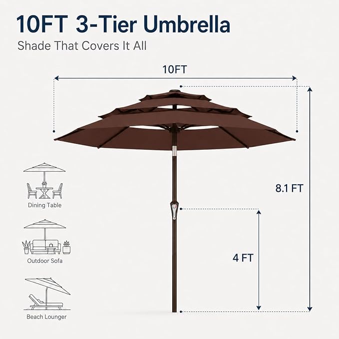 10ft Patio Umbrella, 3-Tier Vented Outdoor Table Umbrella with 8 Sturdy Fiberglass Ribs, Windproof Market Umbrella with Push Button Tilt and Crank, UV Protection for Deck, Pool, Brown