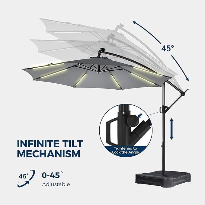 HOMSHADE 10 ft Offset Patio Umbrella with Solar Lights, LED Lighted Umbrella Outdoor Patio with Base Included, Heavy Duty Hanging Cantilever Umbrellas for Pool Deck with UV Protection&Easy Tilt, Grey