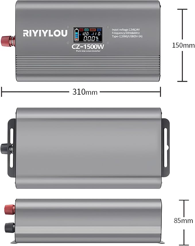 1500W Pure Sine Wave Inverter (3000W Peak), 12V/24V Auto-Detect, 50Hz/60Hz Switchable, LCD Display, Type-C Fast Charging, Silent Design, Overload & Overheat Protection for RV, Home