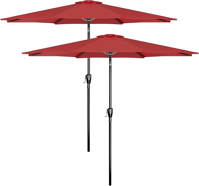 HealSmart 2pcs 9ft Patio Umbrella with Push Button Tilt/Crank, Outdoor Table Market Yard Umbrella with 8 Sturdy Ribs for Garden, Backyard, Deck, Pool, Red