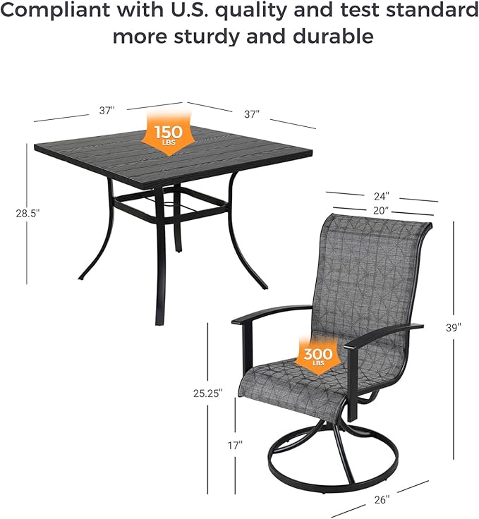 Grand patio Patio Dining Set for 4, Outdoor Dining Set with 4-Piece Mesh Sling Swivel Patio Rocking Chairs, 1-Piece Square Woodgrain Dining Table with 1.5'' Umbrella Hole, Black & Grey Plaid