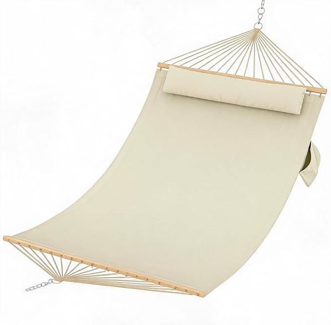 Double Quilted Hammock with Wooden Spreader Bar, 2 Person for Outdoor Without Stand, Patio Backyard Poolside, Beige White