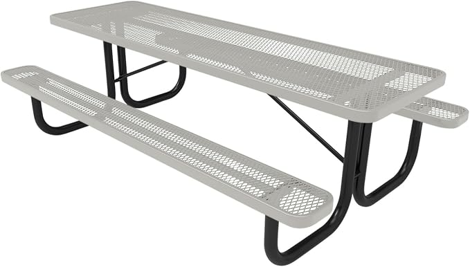 COATEDOUTDOORFURNITURE Heavy-Duty Portable Outdoor Picnic Table, Thermoplastic Coated Expanded Metal Commercial-Grade Patio Dining Furniture Made in America (8ft Rectangular, Textured Grey)