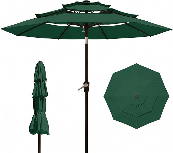 10FT Patio Umbrella 3 Tiers Outdoor Market Umbrella w/Push Button Tilt, Crank, UV and Waterproof Table Umbrella for Garden, Pool, Backyard, Deck, Lawn, Forest Green