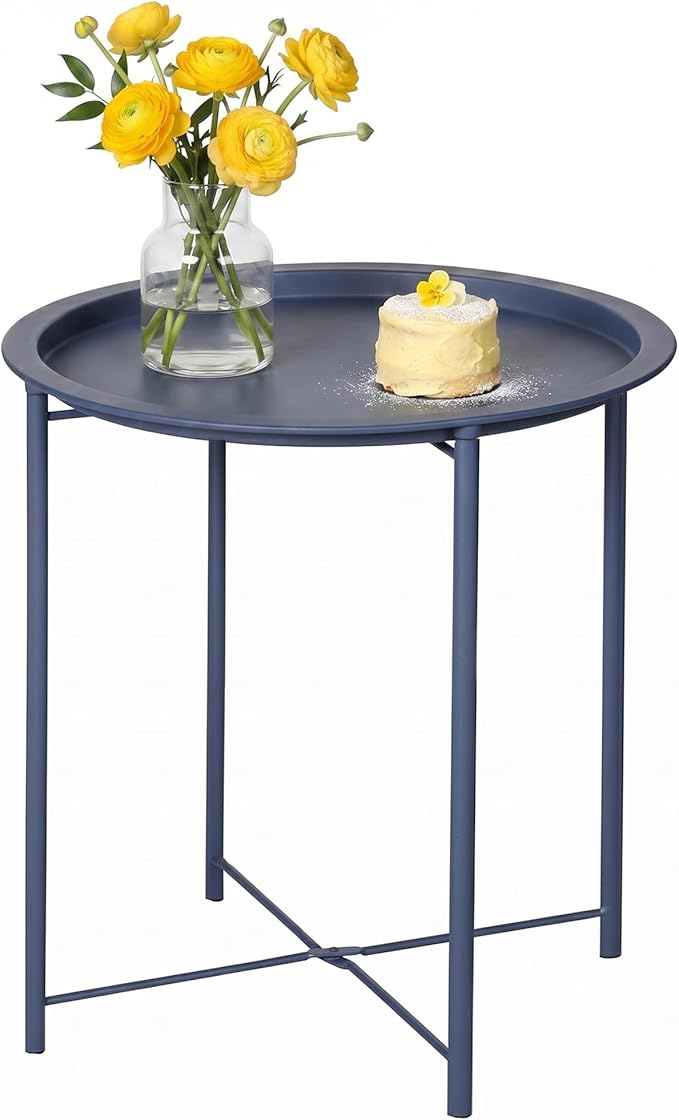 VECELO Side/End Table, Folding Round Metal Anti-Rust and Waterproof Outdoor or Indoor Tray for Living Room Bedroom Balcony and Office, 1 PCS, Blue