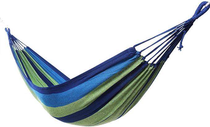 Double Camping Hammock Canvas Outdoor Portable Swing Hammock for Adults and Widened Thickened Blue Canvas for Travel and Patio Use