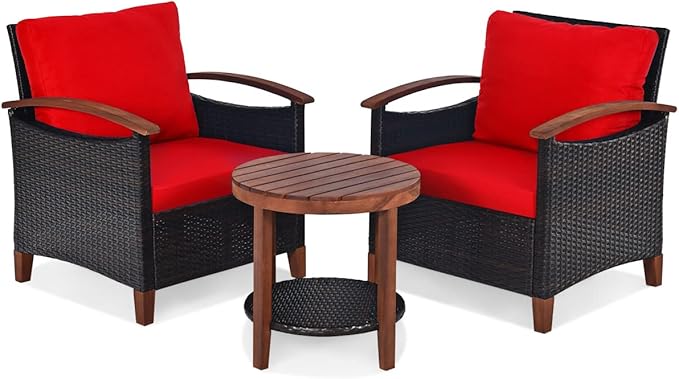 HAPPYGRILL 3 Pieces Patio Conversation Set Outdoor Rattan Wicker Sofa Set with Cushion and Acacia Wood Frame Table and Chairs Set for Garden Poolside Balcony