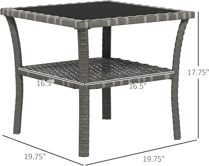 Outsunny Rattan Side Table, Outdoor End Table with Storage Shelf, Aluminum Frame Square, Coffee Table with Tempered Glass Top, Mixed Gray