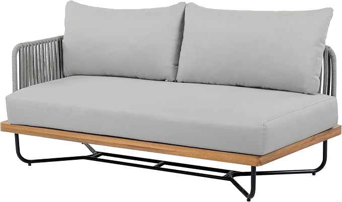 Christopher Knight Home 3-Piece Patio Furniture Set, Acacia Wood Outdoor Sectional Sofa with Rope Woven & Cushions, 4-Seat Sofa, Loveseat and Coffee Table, Outdoor Conversation Set, Light Grey+Teak