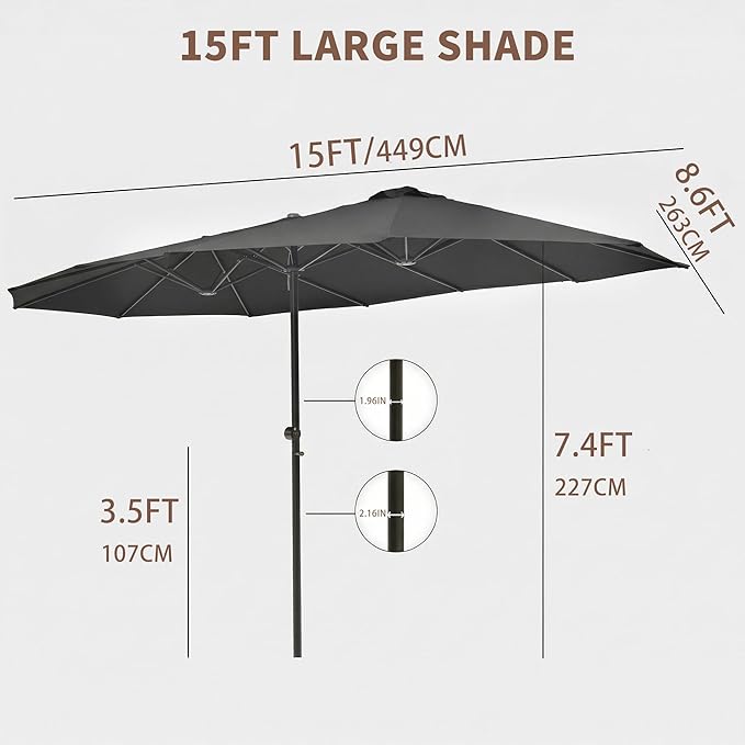 15FT Large Double Sided Patio Umbrella, Aluminum Crank and Heavy Duty Carbon Steel Ribs Outdoor Umbrellas, Fade Resistant Rectangular Market Umbrella for Poolside, Deck, Commercial, Backyard, Patio, Rental, Lawn, Dark Gray