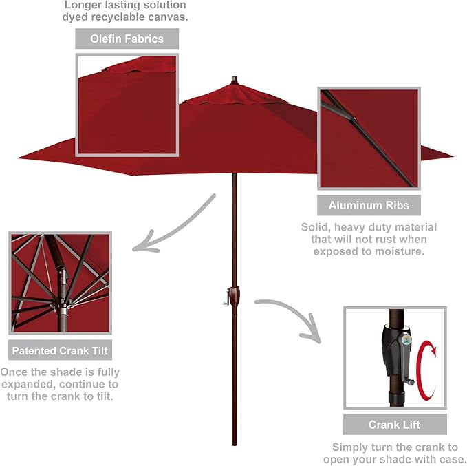 California Umbrella 9' Round Aluminum Outdoor Deck, Pool or Patio Umbrella, Crank Lift, Auto Tilt, Bronze Pole, Red Olefin